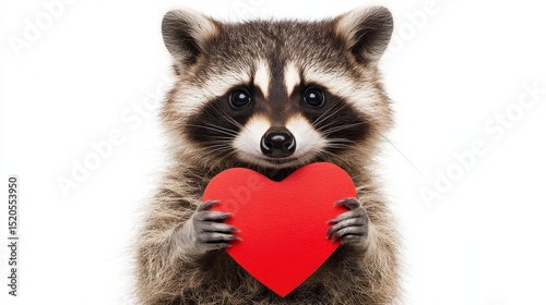 A close up portrait of a lovable raccoon clutching a vibrant red heart shaped symbol conveying a sense of affection and endearment