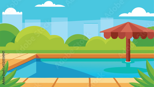 Relaxing Cartoon Poolside Scene with a Wooden Deck Vector illustration Background