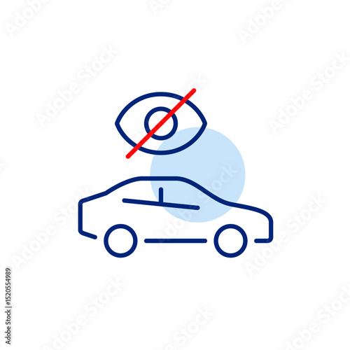 Vector icon of car with crossed-out eye, symbolizing private car hire, hidden booking status, or invisible rental details. Ideal for car rental apps, booking platforms, and privacy-focused services