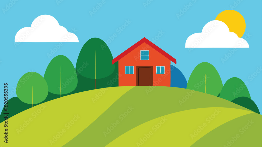 Naklejka premium Cartoon Hillside Scene with a Rustic Barn Roof Vector illustration Background
