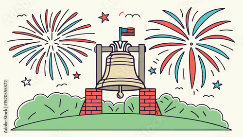 Illustration of liberty bell with american flag fireworks and stars against a light background