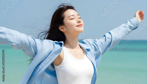 밝은 여름 햇살 아래 해변에서 미소 짓고 있는 젊은 여성 모델, 흰색 민소매와 파란 셔츠를 입고 자연스럽고 상쾌한 분위기