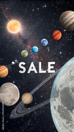 Vertical phone image showing SALE text glowing in space with stars planets perfect for business advertising and promotional campaigns laralara for creating ads news
