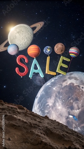 SALE text illuminated in galaxy scene with stars and planets vertical phone wallpaper ideal for business sale advertisements and banners laralara for creating ads news