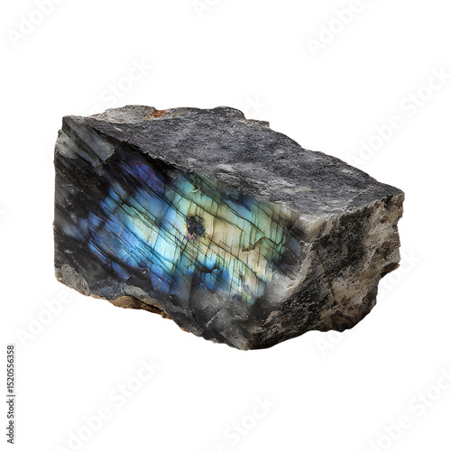 Raw Labradorite Stone Specimen Displaying Iridescence in Black Matrix PNG Transparent Background Isolated