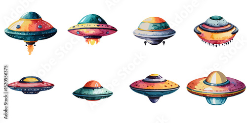 Multiple vector illustrations classic UFO, watercolor style