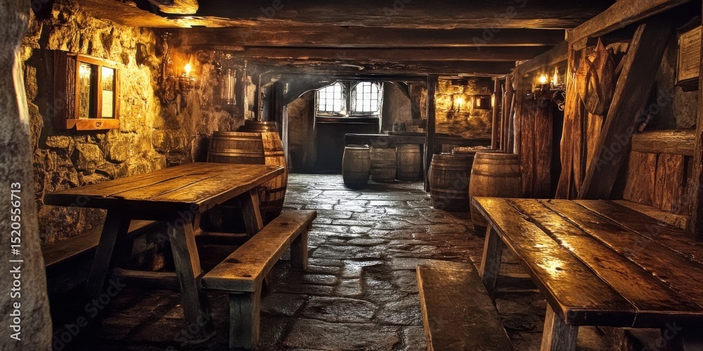 Naklejka premium Wooden tables and benches in a historic cellar.