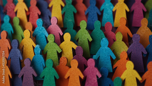Wooden figures of people holding hands in a circle on a wooden surface with a bright green blurred background.
