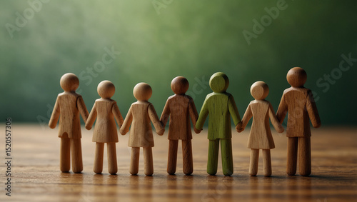 Wooden figures of people holding hands in a circle on a wooden surface with a bright green blurred background.