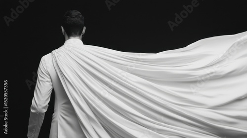 A solitary figure shrouded in billowing ethereal fabric creating a visually striking and evocative scene