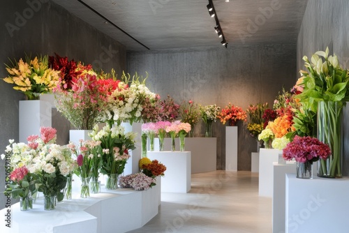 Colorful floral displays arranged on white pedestals in a modern flower shop.