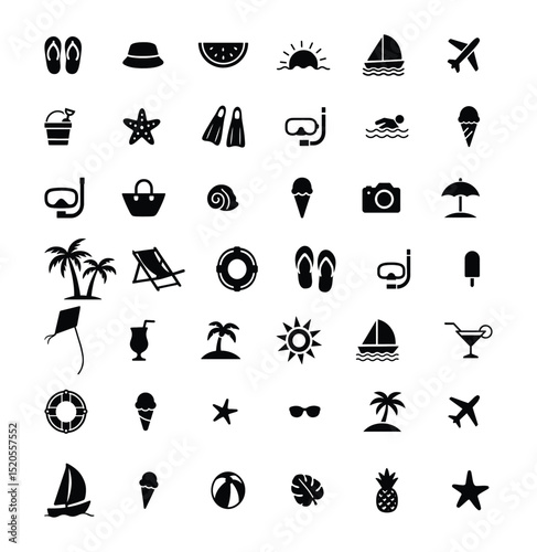 A Collection of Summer and Beach Vacation Silhouette Icons in Solid Black and Flat Style