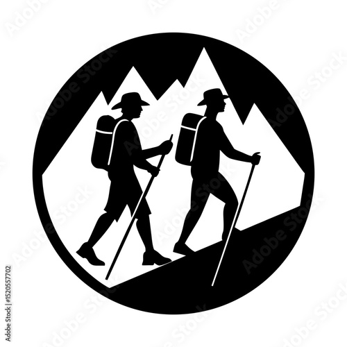 Two hikers with backpacks and trekking poles climbing a mountain trail