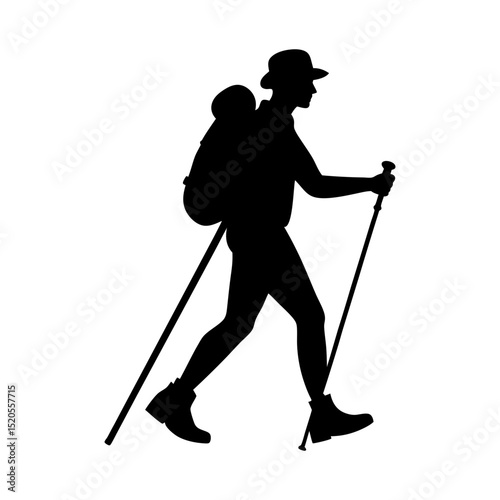 Silhouette of a hiker with backpack and trekking poles walking forward