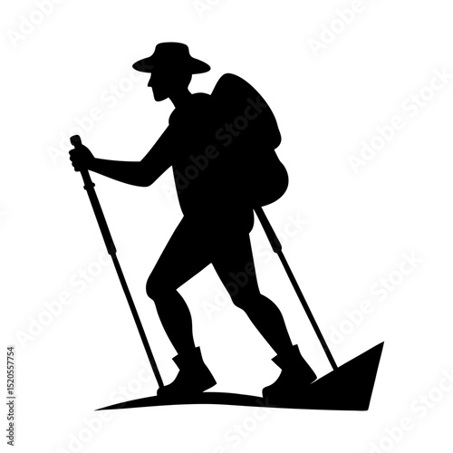 Silhouette of a hiker with a backpack and trekking poles on a white backdrop