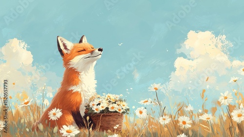 A charming anthropomorphic fox with soft orange fur explores a lush serene meadow filled with blooming daisies and other colorful wildflowers against a backdrop of a tranquil sky