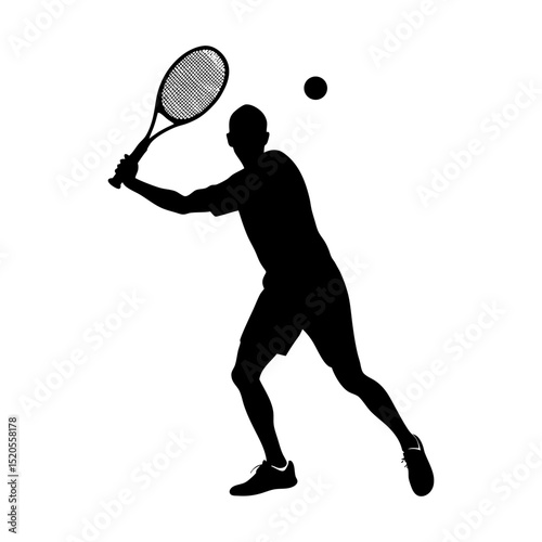 Silhouette of tennis player hitting ball with racket in black and white
