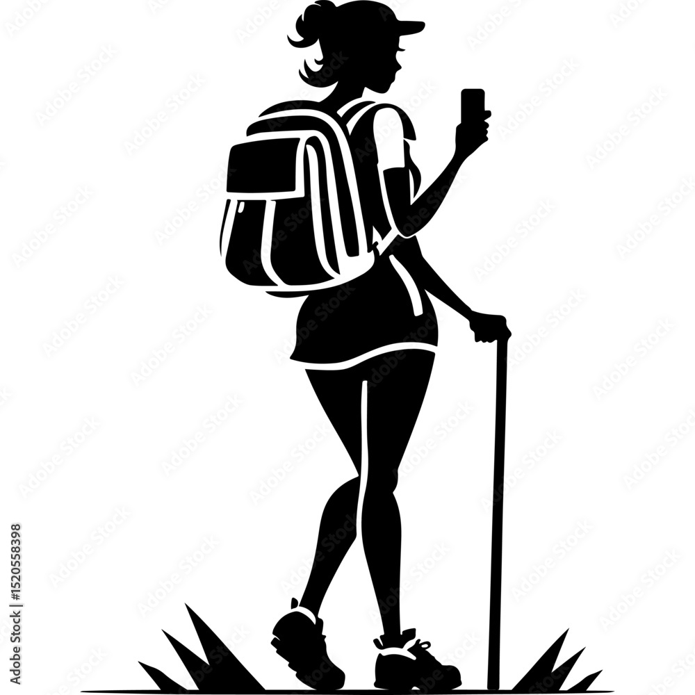 Sketchy sport emblem of slender pretty girl tourist stopped on route and takes pictures on her smartphone in monochrome. Engraving minimalistic vector in black ink drawing on transparent background Sketchy sport emblem of slender pretty girl tourist stopped on route and takes pictures on her smartphone in monochrome. Engraving minimalistic vector in black ink drawing on transparent background