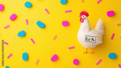 A whimsical and playful plush rooster toy sitting amidst a scattered array of bright colorful confetti against a cheerful yellow background