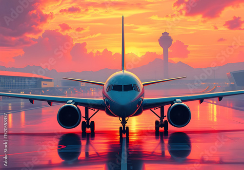 Passenger airplane on run way, Generative AI Illustration.
