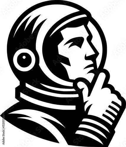 Sketchy cosmic emblem of astronaut in a protective helmet thoughtfully looks up at stars in monochrome. Engraving minimalistic vector in black ink drawing on transparent background