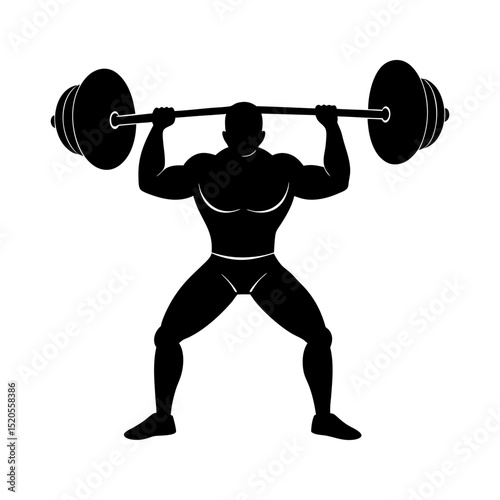 Silhouette of a weightlifter lifting a barbell overhead in black and white