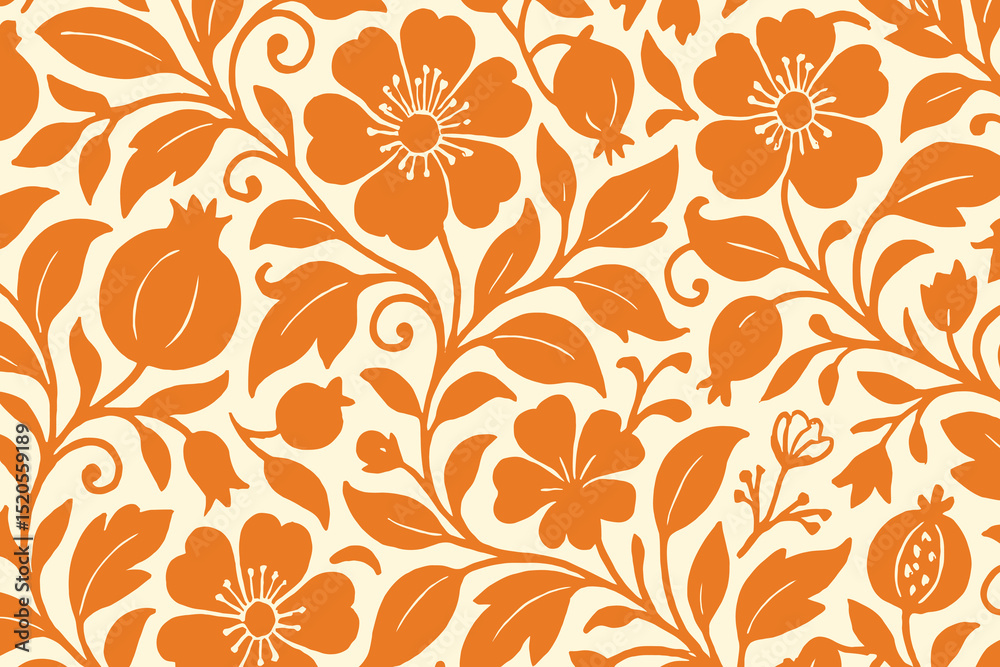 Fototapeta premium Seamless Vintage Floral Pattern with Bold Orange Flowers and Curved Vines on Cream Background