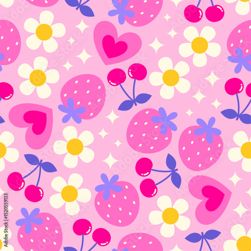 Cute strawberry, cherry, flower, heart and star seamless pattern design for spring season background.