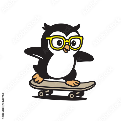 Penguin on a Skateboard with Glasses