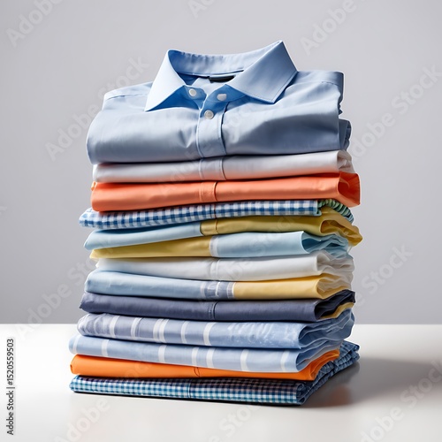 Neat stack of folded men s shirts isolated on white background