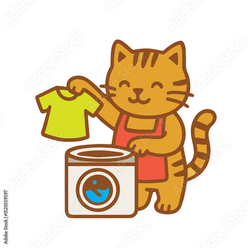 Cartoon Cat Doing Laundry with a Washing Machine