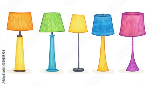 Colorful modern lamp illustration for interior decor. Vibrant furniture design in a standing lamp group. Interior object, playful decor, contemporary set, creative art, bright and stylish household.