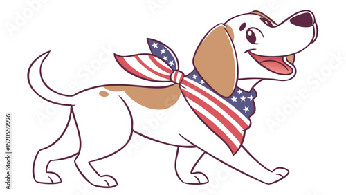 Cartoon dog with american flag bandana walking happily on a white background with brown and white fur