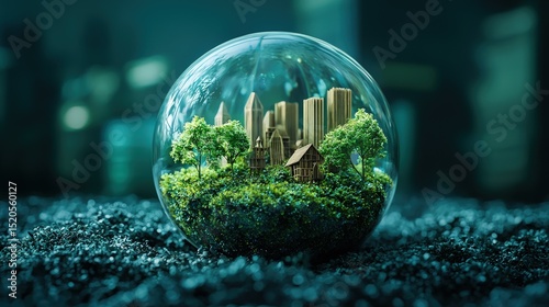 Miniature city nestled within a transparent sphere, surrounded by greenery. photo