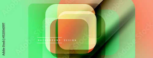 Abstract geometric shapes overlap. Green, orange, yellow hues create modern design. Minimalist style, smooth gradients present.