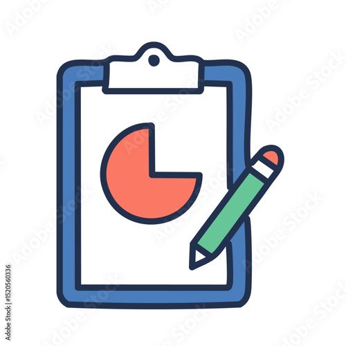 A bar graph or pie chart on a clipboard with a pen resting on top 