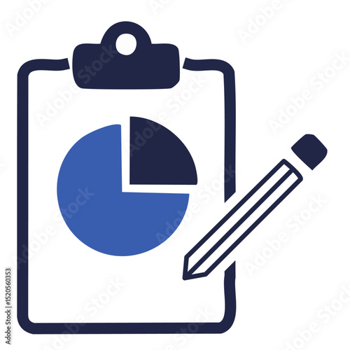 A bar graph or pie chart on a clipboard with a pen resting on top 