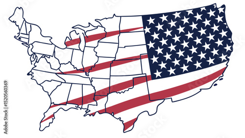 A stylized map of the united states filled with the american flag pattern on a white background