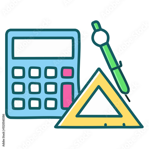 A basic calculator with a compass and a triangle ruler nearby. 