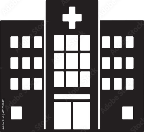 Modern hospital building with cross symbol representing healthcare and medical treatment services