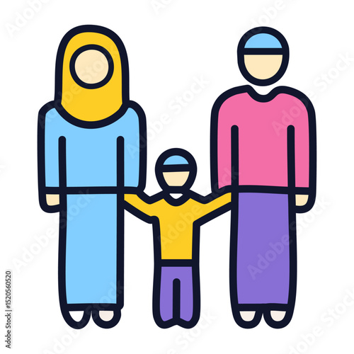 A family (father, mother, and child) in Islamic attire, standing side by side in prayer. 