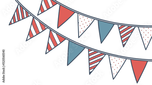 A festive banner illustration featuring alternating red, blue, and striped triangular pennants strung together