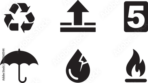 Packaging symbols and instructions showing protection recycling and handling information