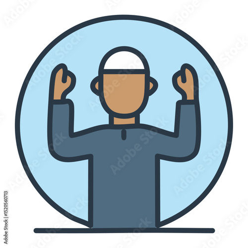 A man in thobe raising his hands in supplication (dua) with a serene background. 