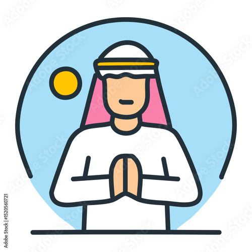 A man in thobe raising his hands in supplication (dua) with a serene background. 