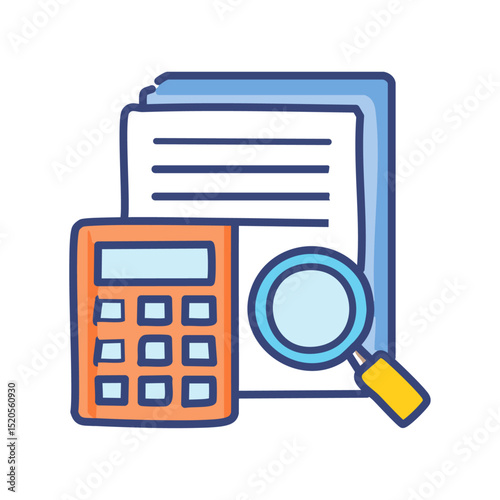 A pile of tax forms with a calculator and magnifying glass nearby. 