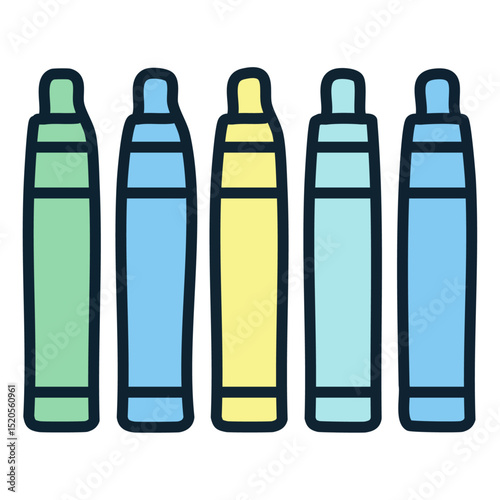 A set of colorful markers arranged in a row with their caps on. 