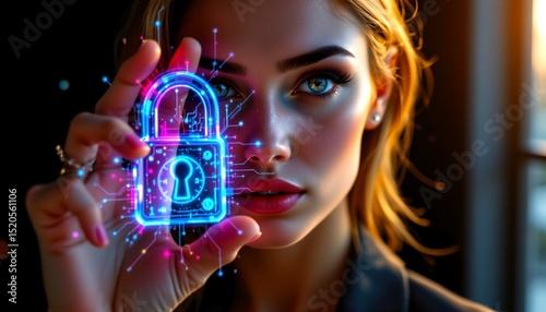 a young woman is depicted holding up a digital representation of a physical padlock. she appears to be looking at something with focus and intent. the padlock has a futuristic digital design.
