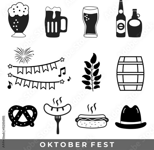 OCTOBER FEST GERMAN VECTOR ICON SET BLACK OUTLINE