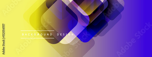 Abstract geometric shapes overlap, creating vibrant gradient effect. Yellow transitions to purple, modern design element.